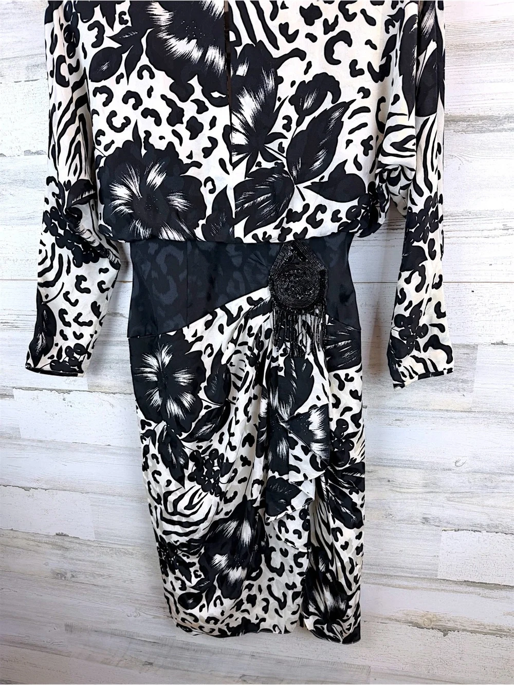 Vintage Lillie Rubin 100% Silk Cocktail Dress Black White Beaded Size 8 - Picture 6 of 14